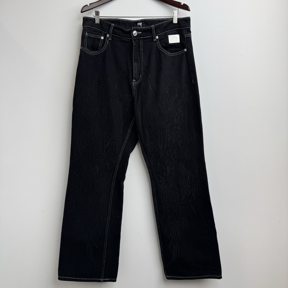 Revenge Jeans Mens 34x32 Black Denim Pants Thorns Flames Embroidered Gothic Y2K
